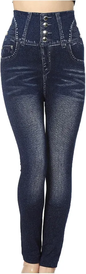 hlysgo Skinny Faux Jeans for Women High Waist Stretchy Slimming Jeggings Denim Print Leggings Trousers Pants