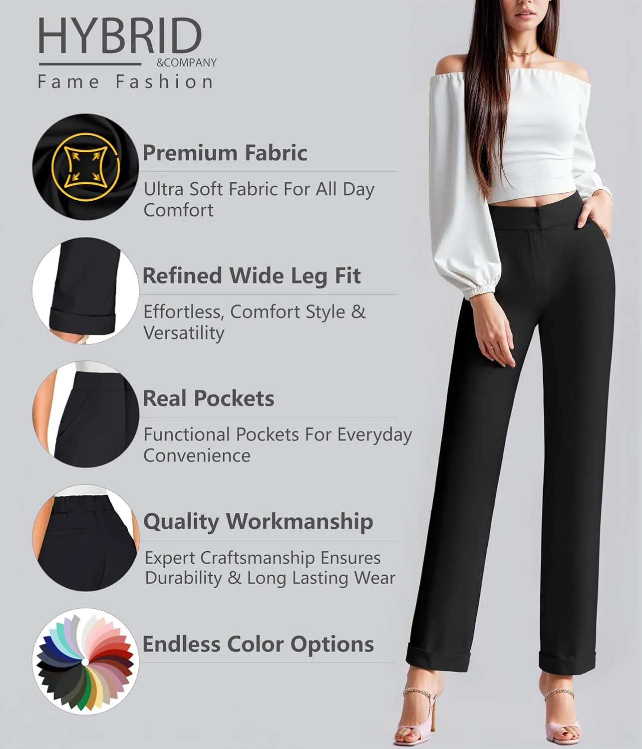 Hybrid & Company Women's High Waist Lightweight Solid Long Pants Elegant Office Trousers