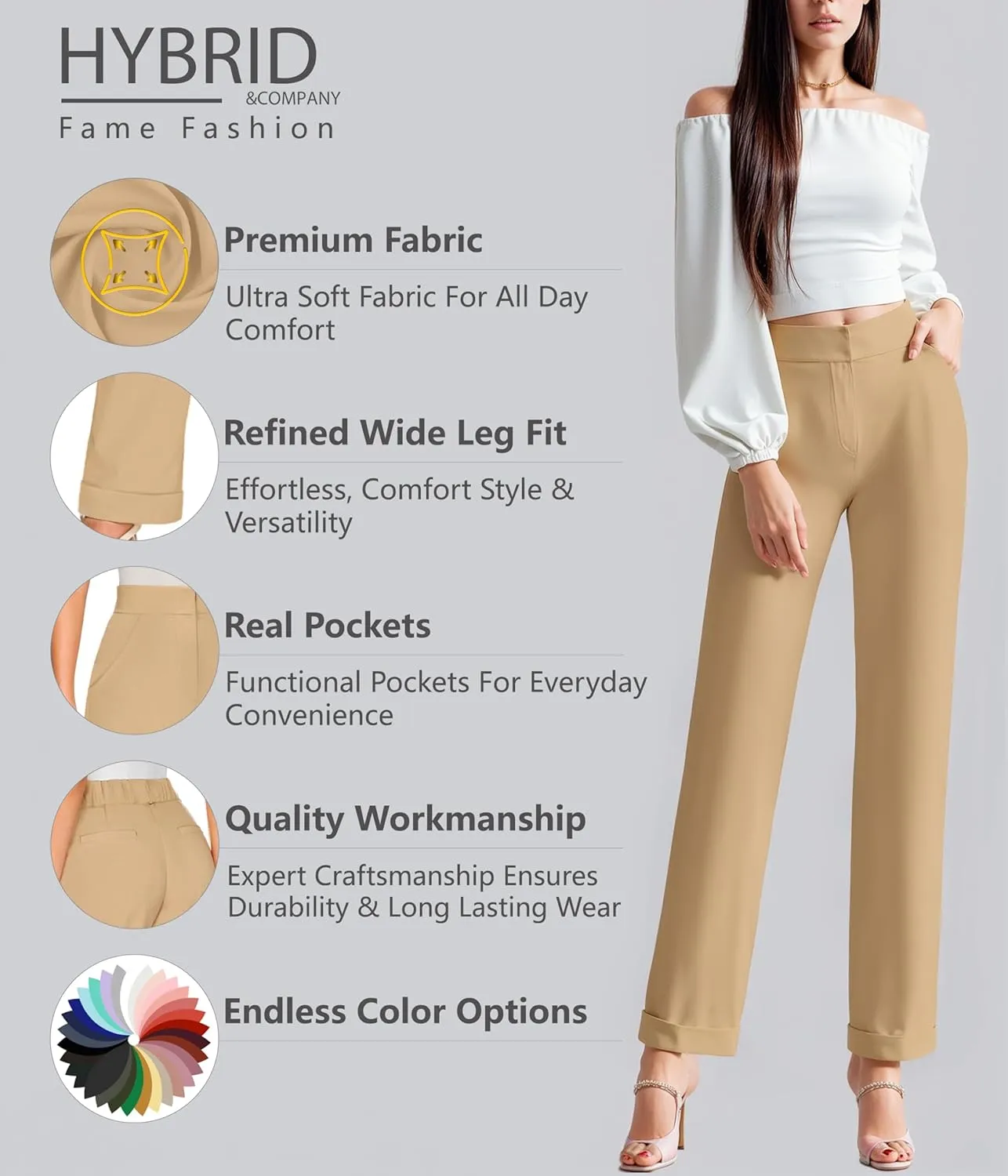 Hybrid & Company Women's High Waist Lightweight Solid Long Pants Elegant Office Trousers