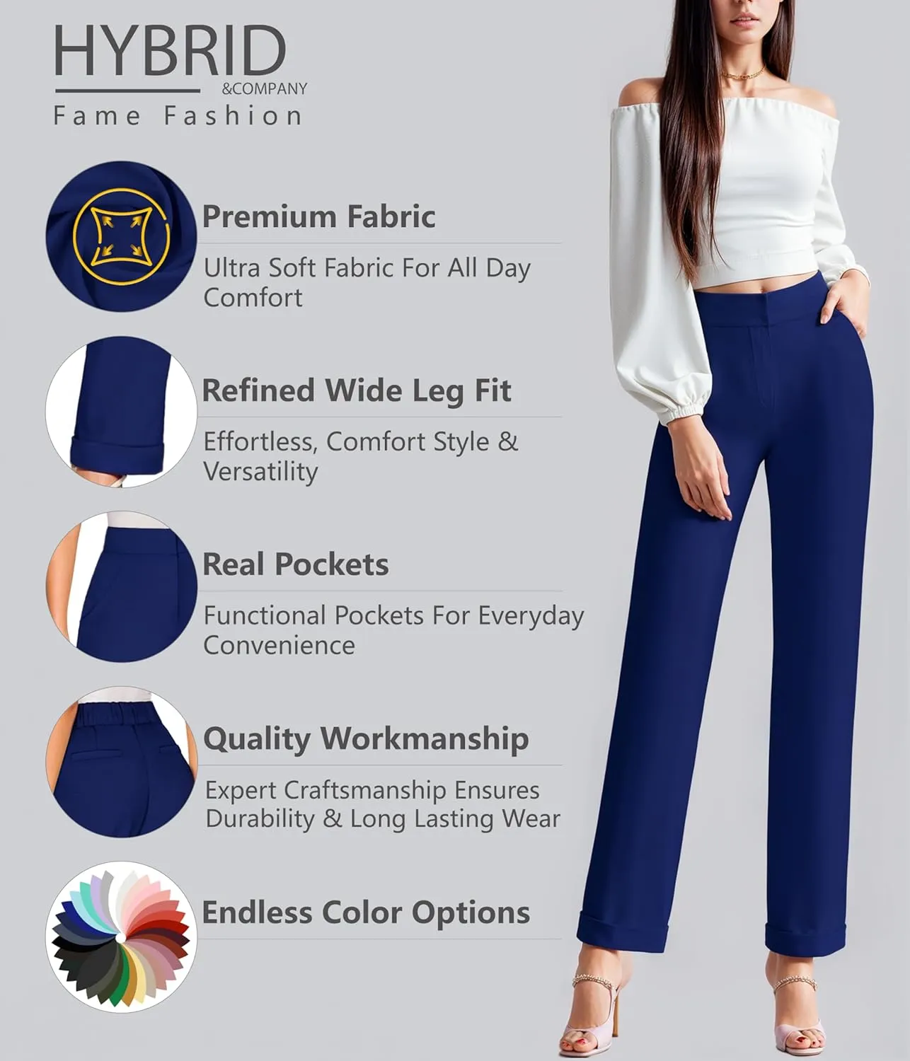 Hybrid & Company Women's High Waist Lightweight Solid Long Pants Elegant Office Trousers