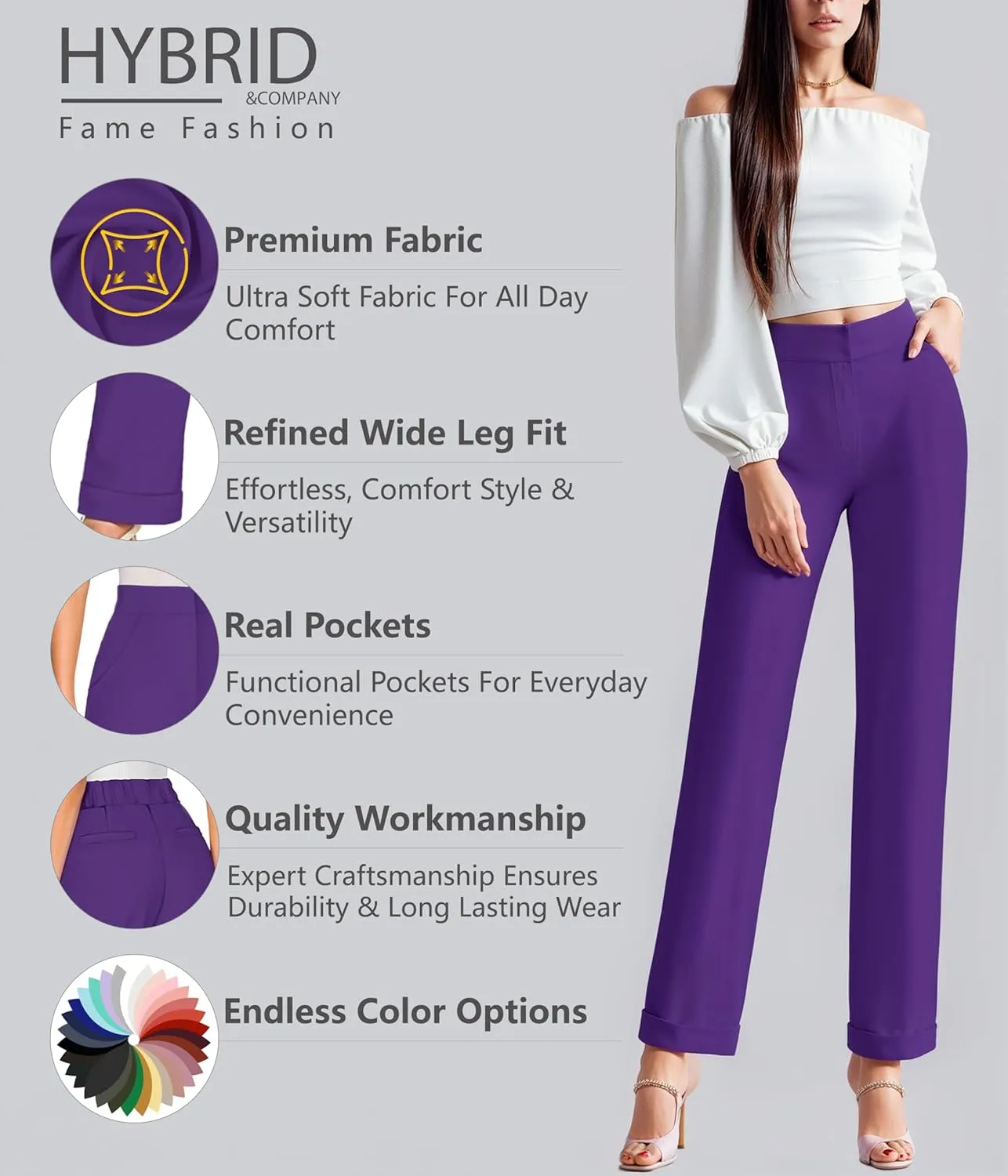Hybrid & Company Women's High Waist Lightweight Solid Long Pants Elegant Office Trousers