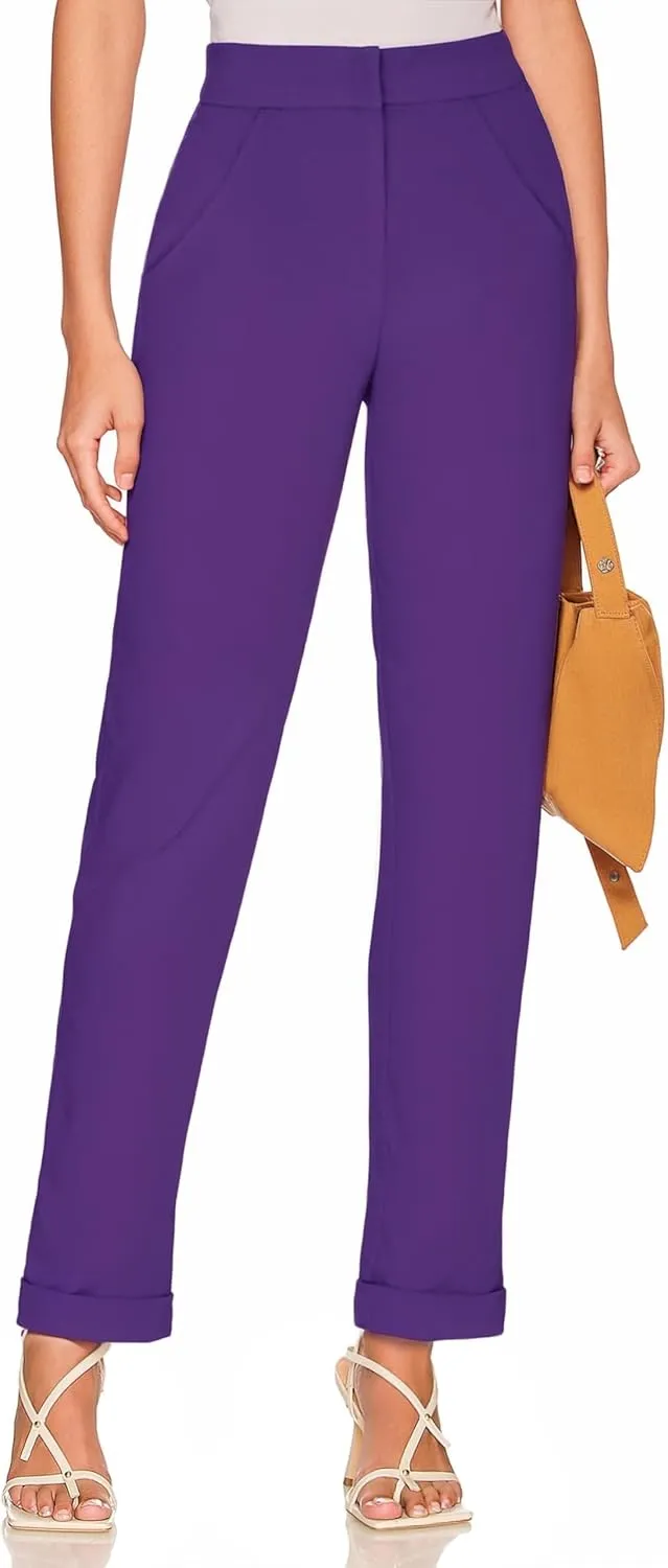 Hybrid & Company Women's High Waist Lightweight Solid Long Pants Elegant Office Trousers