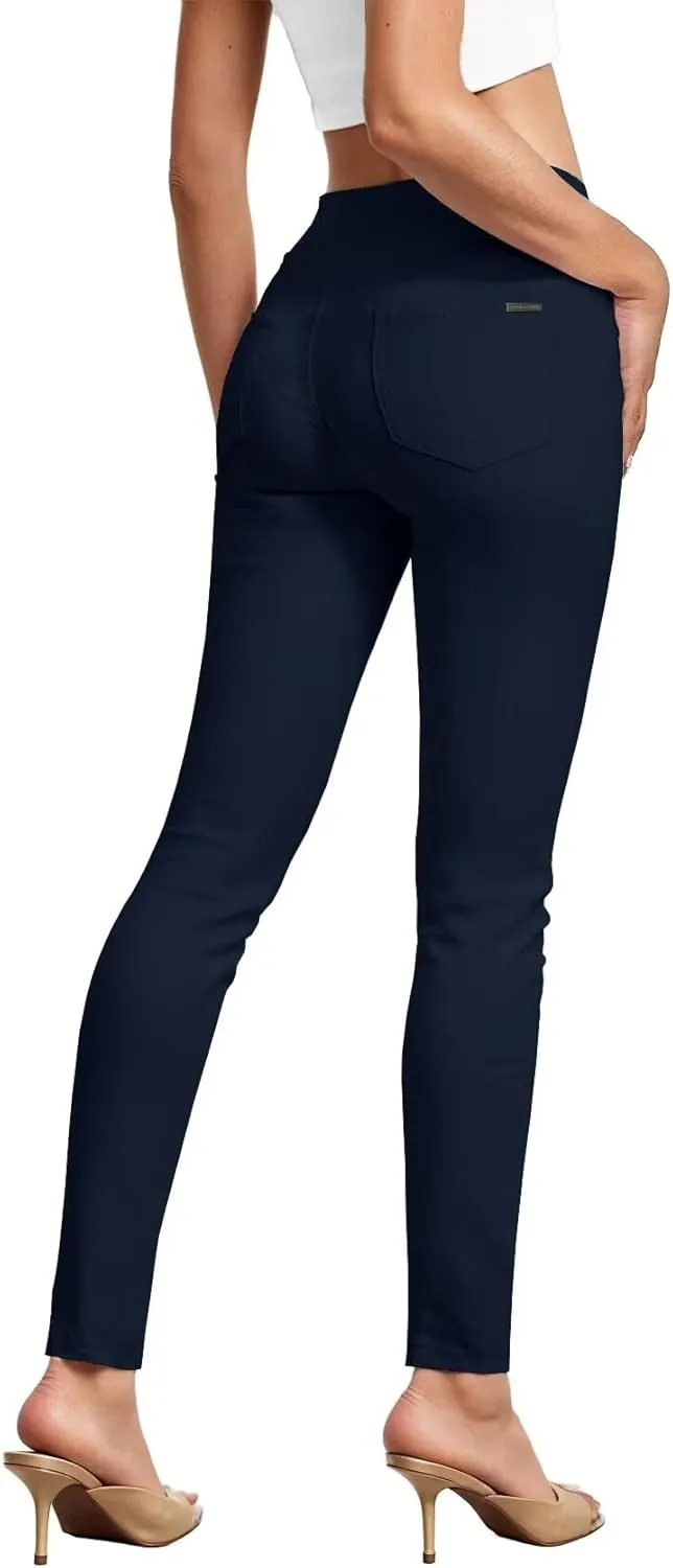 Hybrid & Company Womens Hyper Ultra Stretch Comfy Skinny Leg 3 Button Wide Waist Work Casual Pants
