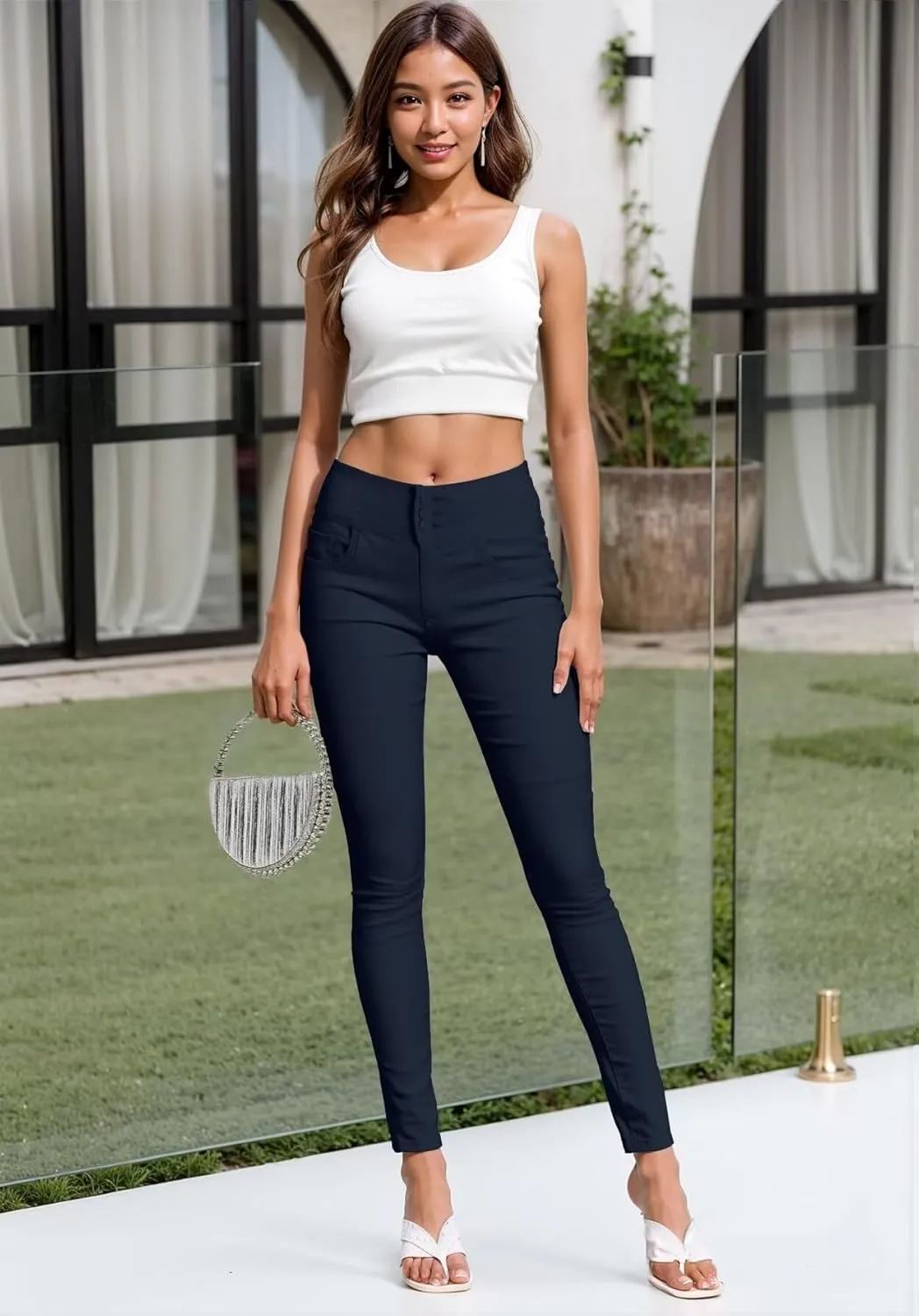 Hybrid & Company Womens Hyper Ultra Stretch Comfy Skinny Leg 3 Button Wide Waist Work Casual Pants