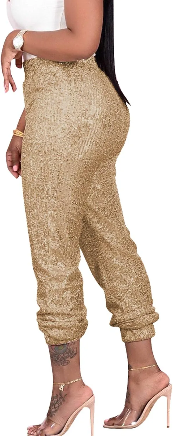 itnpbwus Women Casual Sparkle Sequin Glitter Bling Yoga Pants Slim Leg Leggings