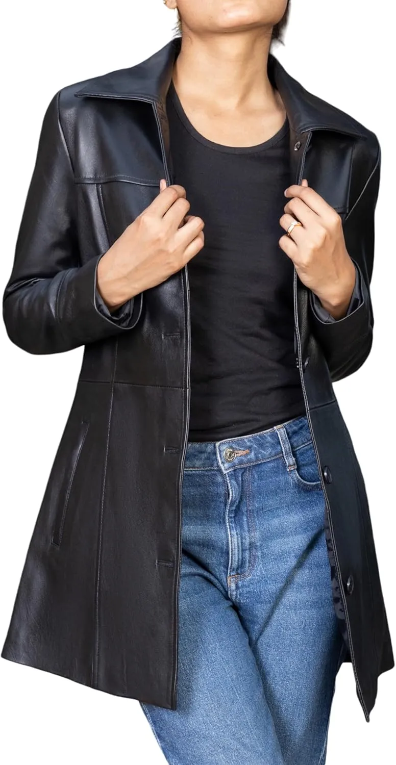 Jild Casual Car Coat Lambskin Leather Jacket Women   Length Blazer Overcoat Style Leather Long Coat Women
