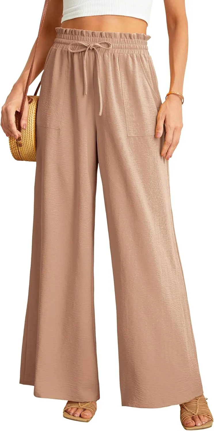 JINKESI Women Wide Leg Pants High Waist Loose Flowy Adjustable Tie Knot Trousers Business Casual Pants with Pockets