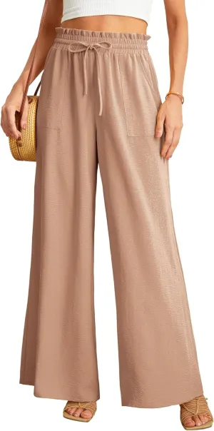JINKESI Women Wide Leg Pants High Waist Loose Flowy Adjustable Tie Knot Trousers Business Casual Pants with Pockets