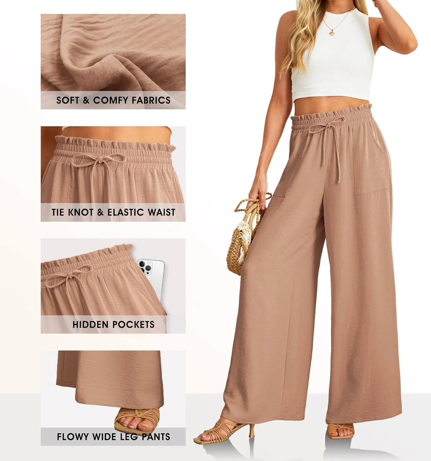 JINKESI Women Wide Leg Pants High Waist Loose Flowy Adjustable Tie Knot Trousers Business Casual Pants with Pockets