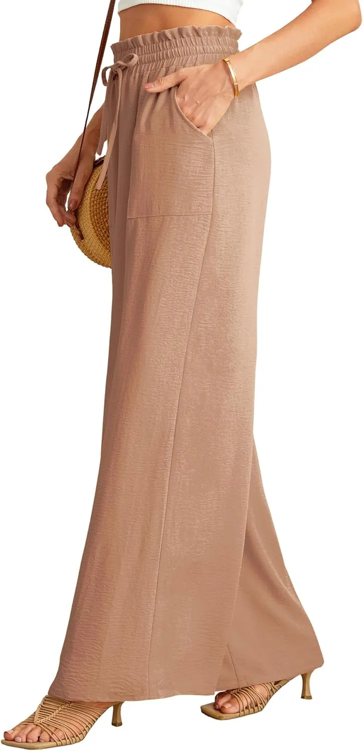 JINKESI Women Wide Leg Pants High Waist Loose Flowy Adjustable Tie Knot Trousers Business Casual Pants with Pockets