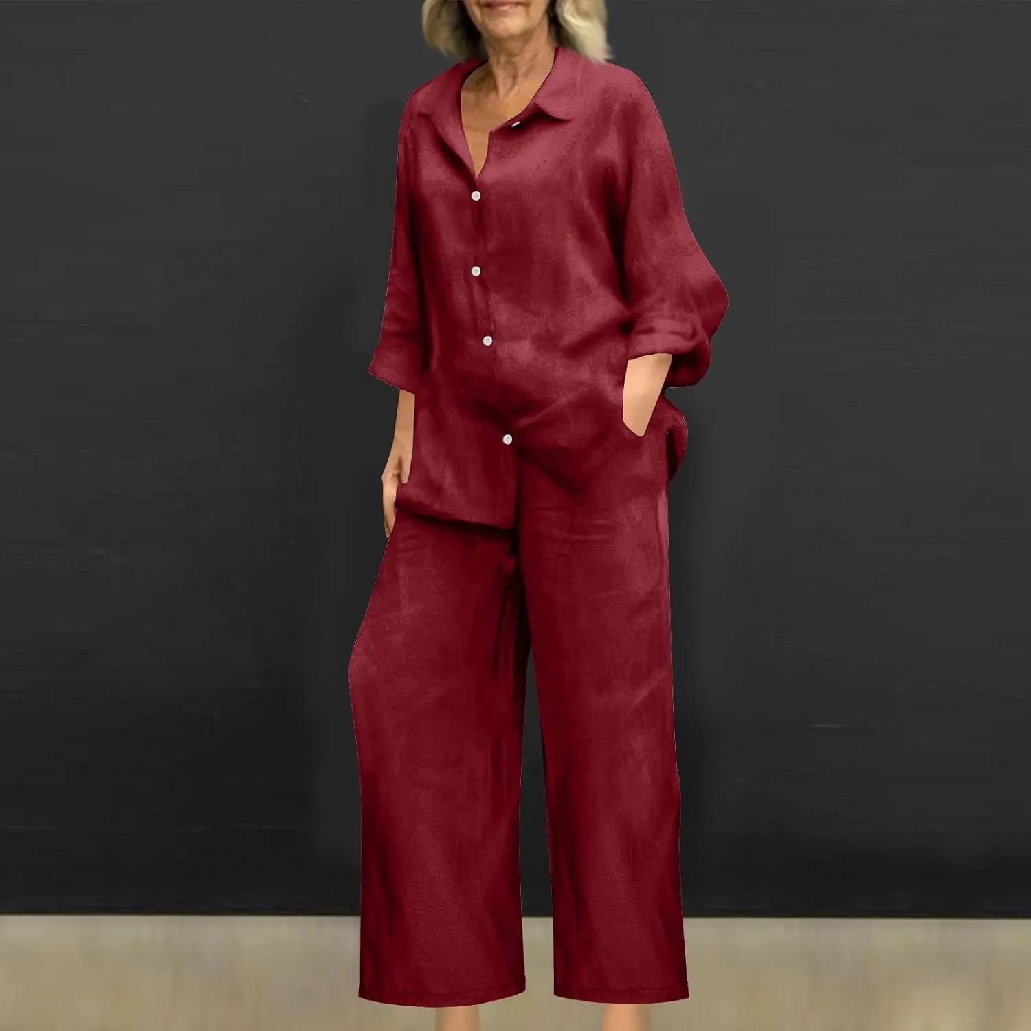 JOAU Plus Size Cotton Linen 2 Piece for Women Casual Lounge Long Sleeve Button Down Shirts and Wide Leg Pants Sets Tracksuit