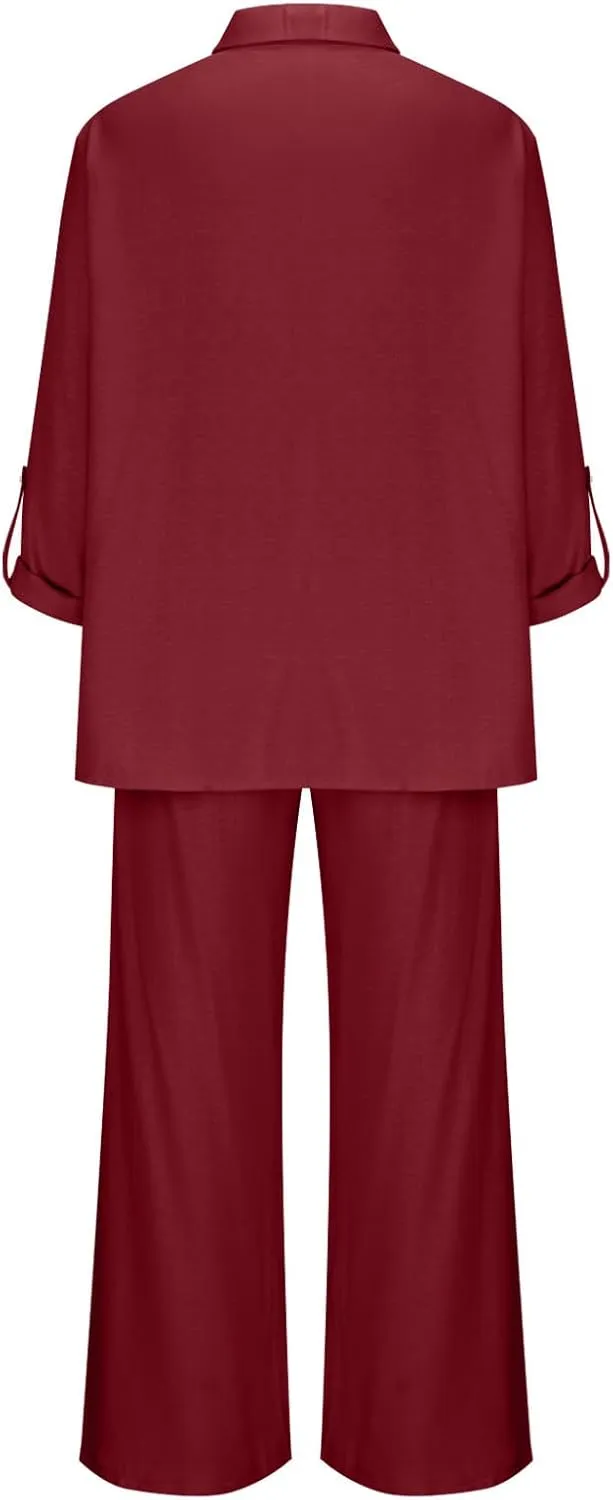 JOAU Plus Size Cotton Linen 2 Piece for Women Casual Lounge Long Sleeve Button Down Shirts and Wide Leg Pants Sets Tracksuit