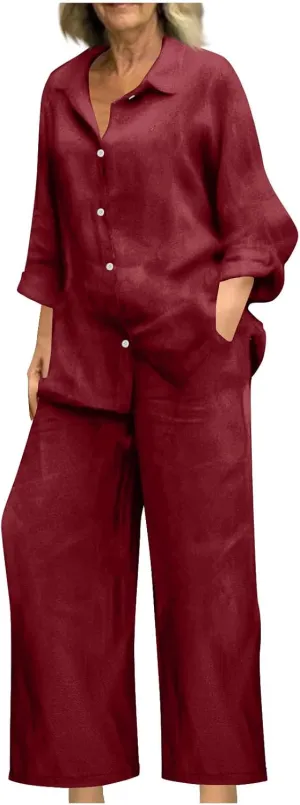 JOAU Plus Size Cotton Linen 2 Piece for Women Casual Lounge Long Sleeve Button Down Shirts and Wide Leg Pants Sets Tracksuit