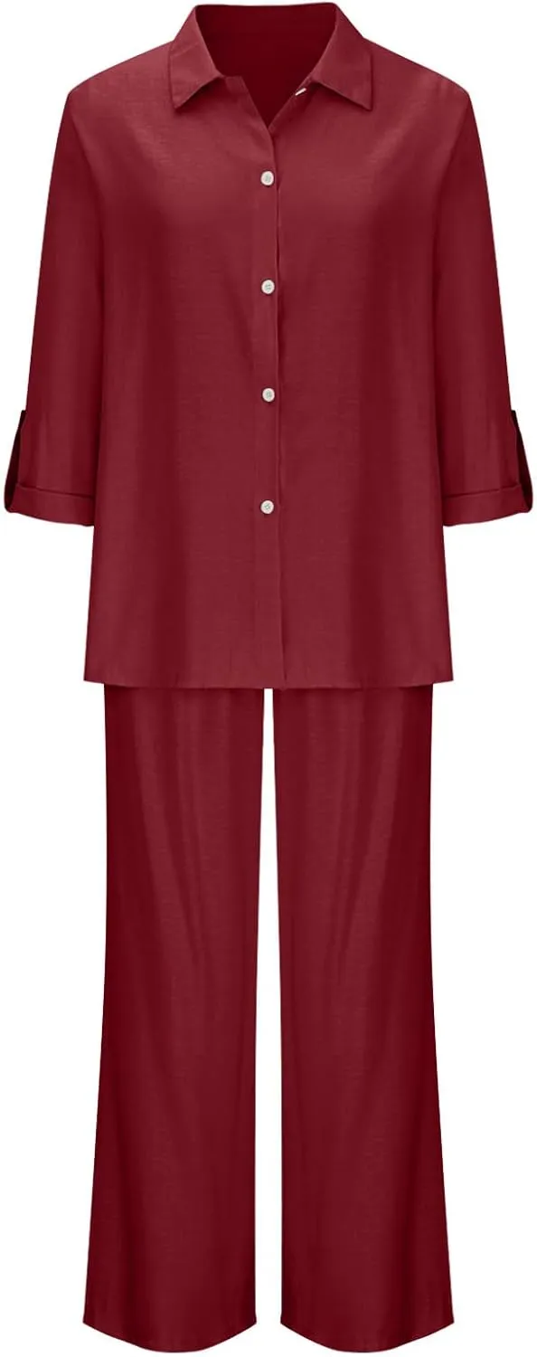 JOAU Plus Size Cotton Linen 2 Piece for Women Casual Lounge Long Sleeve Button Down Shirts and Wide Leg Pants Sets Tracksuit