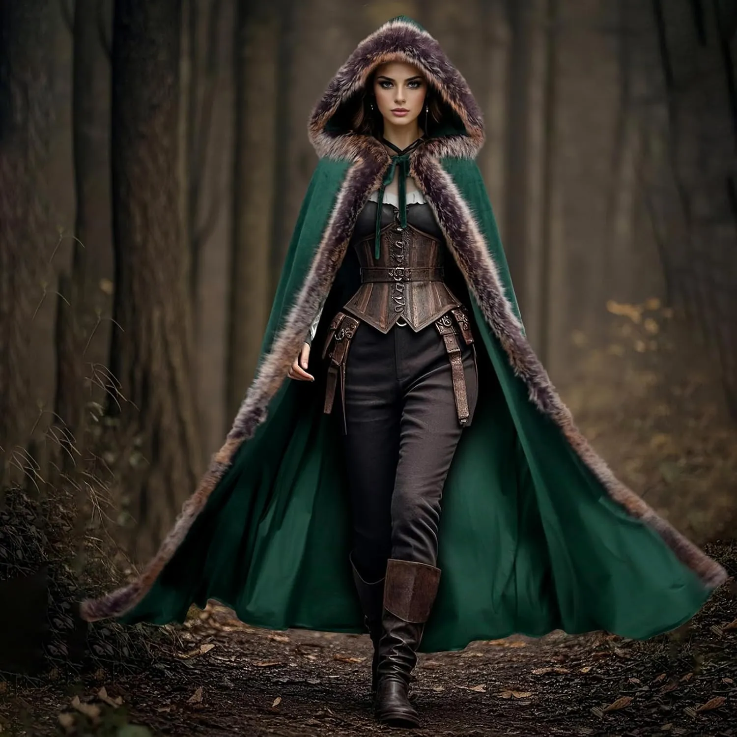 Joukavor Viking Fur Hooded Cloak Medieval Velvet Cape with Hood for Halloween