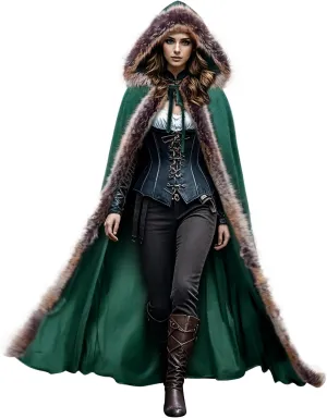 Joukavor Viking Fur Hooded Cloak Medieval Velvet Cape with Hood for Halloween