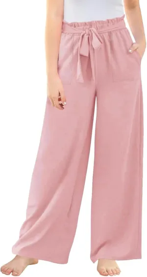 Kids Girls Linen Pants Casual Flowy Elastic High Waisted Wide Leg Loose Stretchy Trousers Summer Clothes for Girl