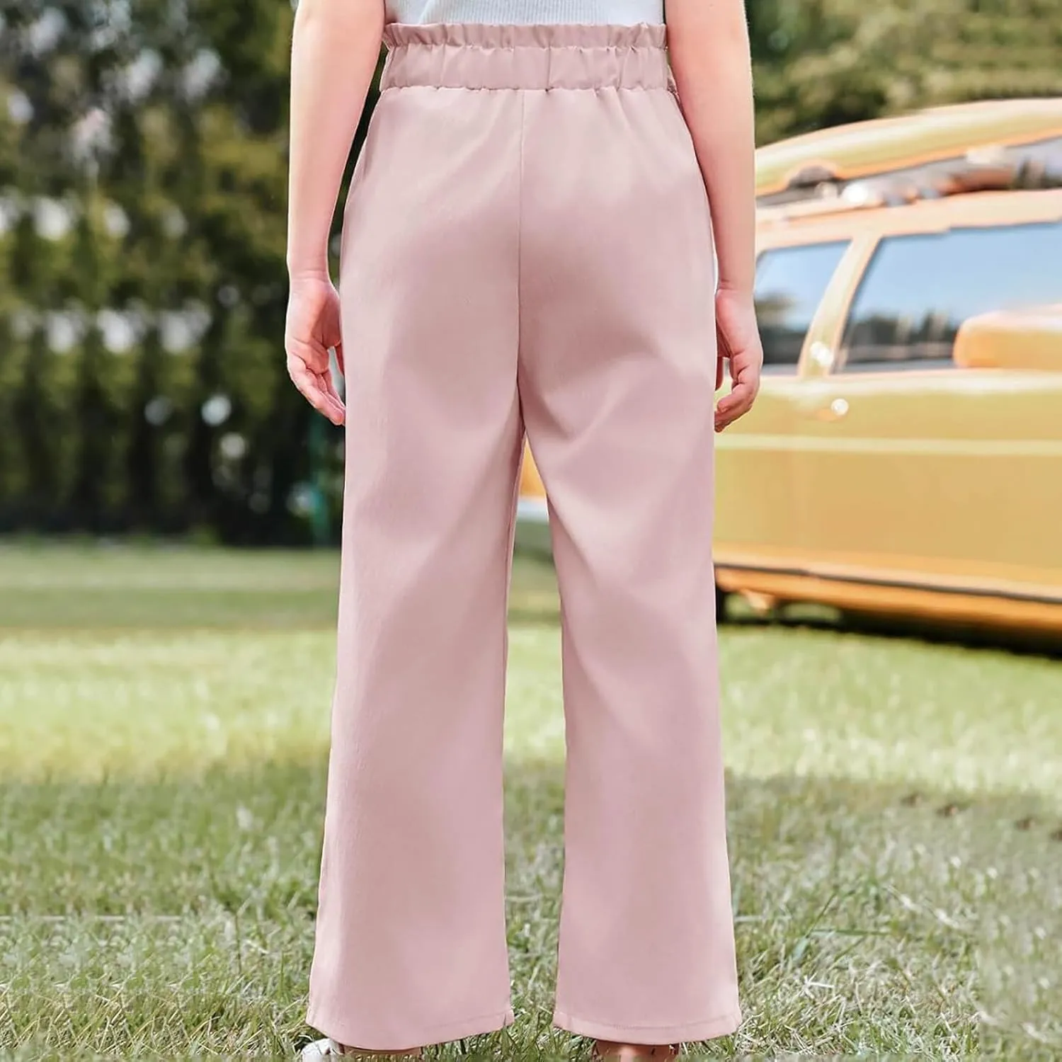 Kids Girls Linen Pants Casual Flowy Elastic High Waisted Wide Leg Loose Stretchy Trousers Summer Clothes for Girl