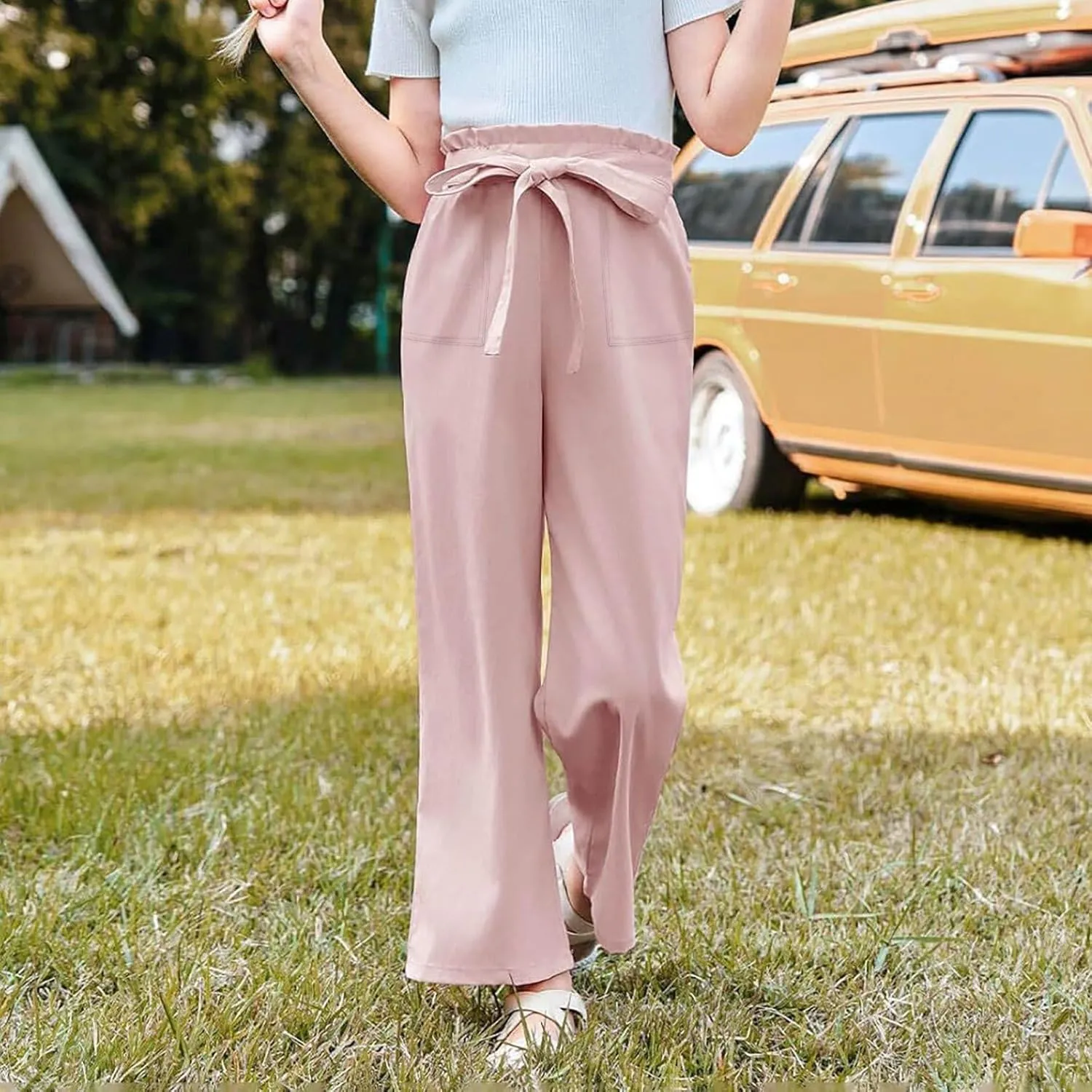 Kids Girls Linen Pants Casual Flowy Elastic High Waisted Wide Leg Loose Stretchy Trousers Summer Clothes for Girl