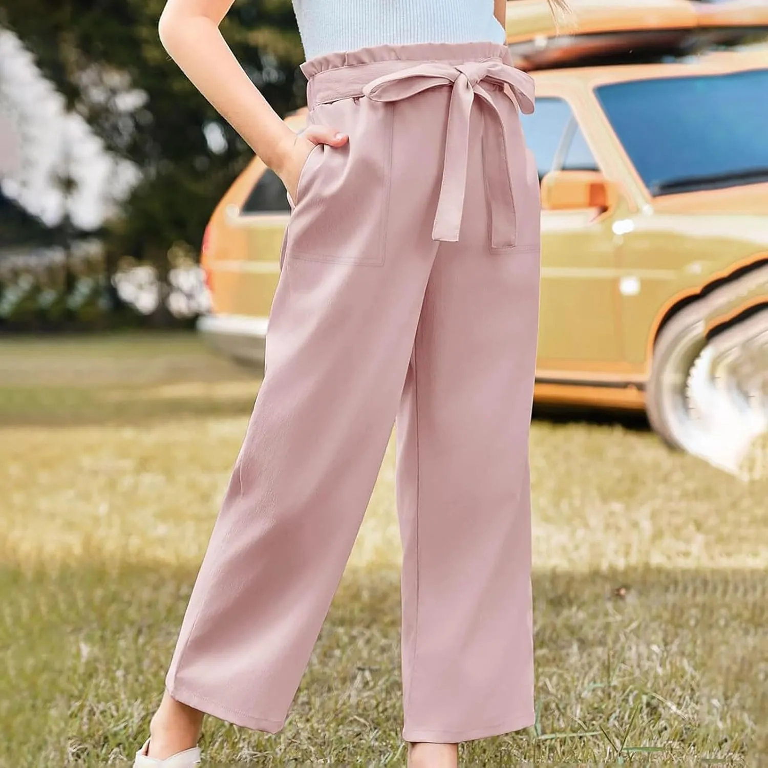 Kids Girls Linen Pants Casual Flowy Elastic High Waisted Wide Leg Loose Stretchy Trousers Summer Clothes for Girl