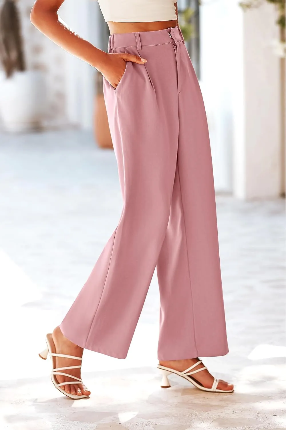 KIRUNDO Women's Elastic High Waisted Wide Leg Dress Pants Loose Fit Pleated Front Business Casual Work Pants Trousers