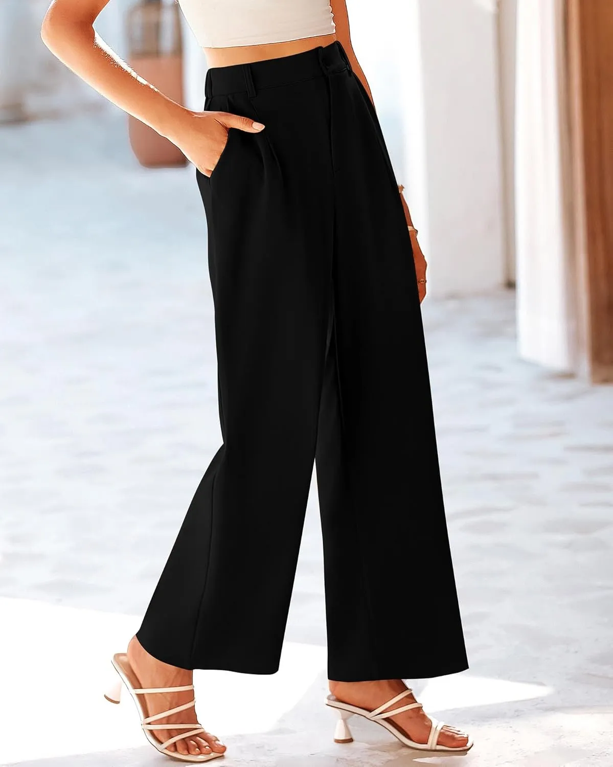 KIRUNDO Women's Elastic High Waisted Wide Leg Dress Pants Loose Fit Pleated Front Business Casual Work Pants Trousers
