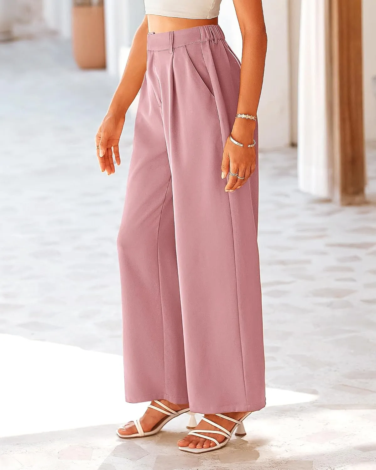 KIRUNDO Women's Elastic High Waisted Wide Leg Dress Pants Loose Fit Pleated Front Business Casual Work Pants Trousers