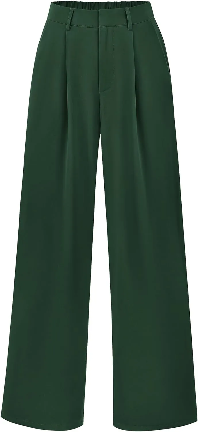 KIRUNDO Women's Elastic High Waisted Wide Leg Dress Pants Loose Fit Pleated Front Business Casual Work Pants Trousers