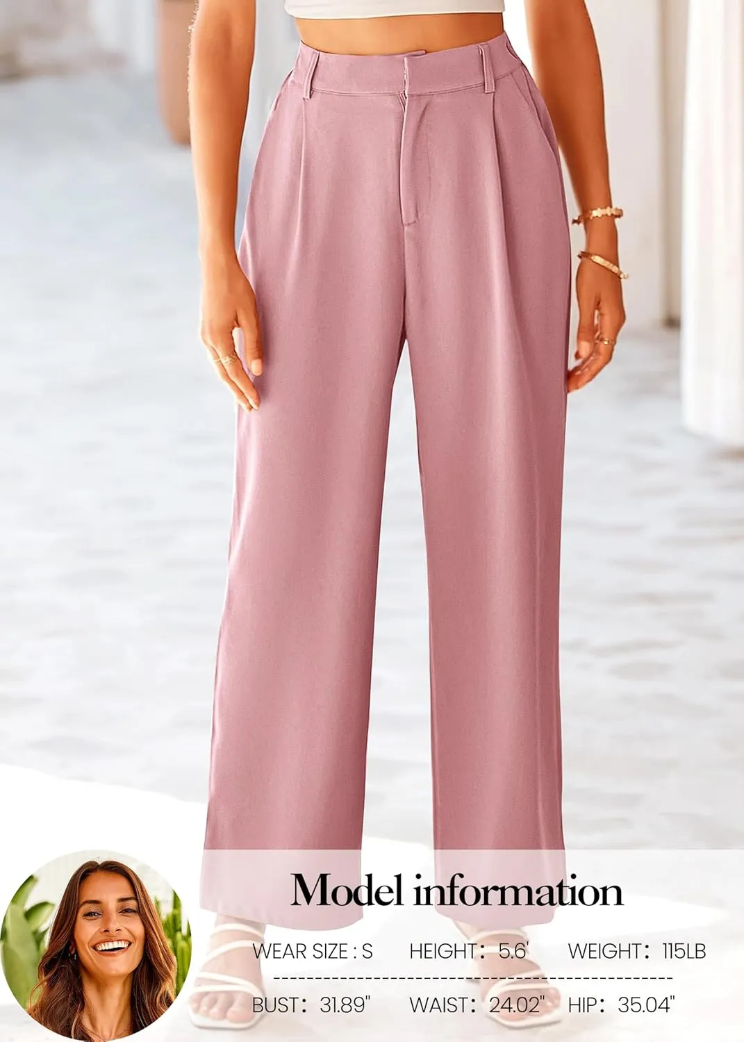 KIRUNDO Women's Elastic High Waisted Wide Leg Dress Pants Loose Fit Pleated Front Business Casual Work Pants Trousers