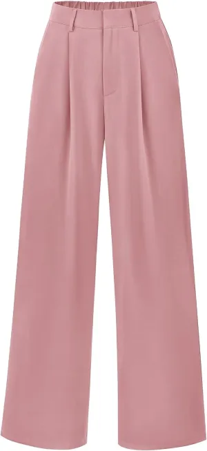 KIRUNDO Women's Elastic High Waisted Wide Leg Dress Pants Loose Fit Pleated Front Business Casual Work Pants Trousers