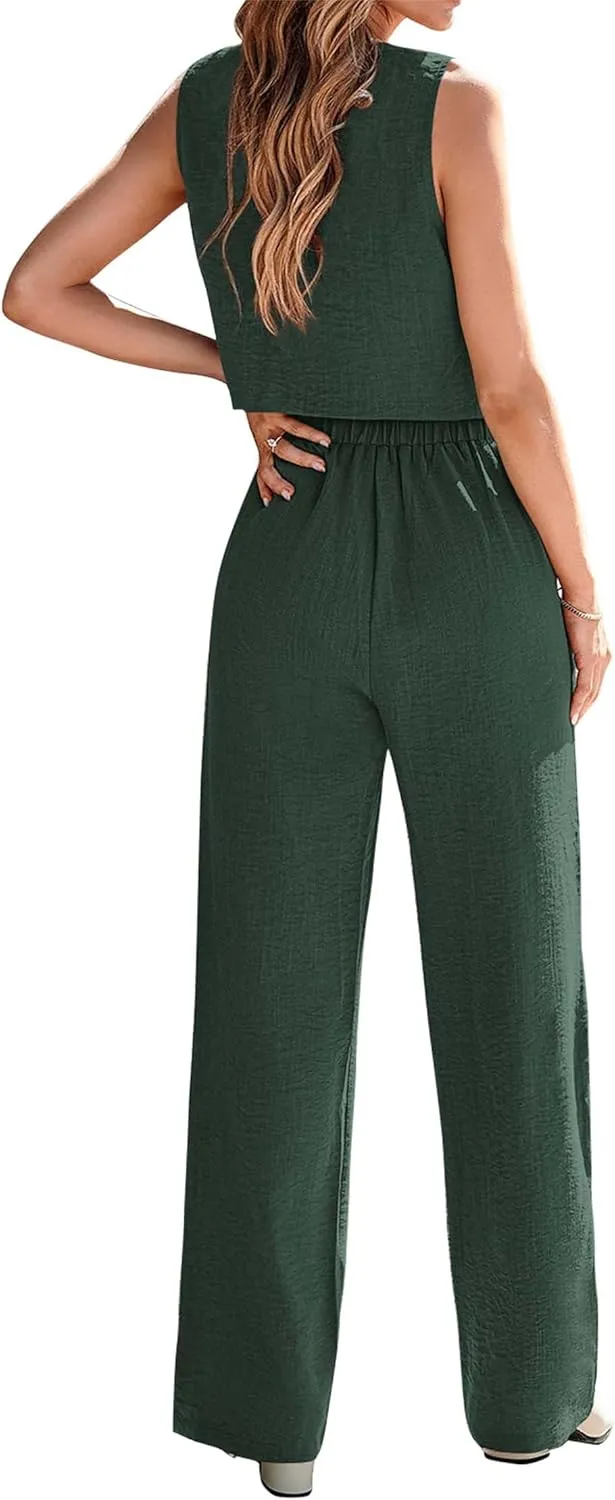 KIRUNDO Womens Two Piece Outfits Summer Fashion Button V Neck Crop Vest Blazer and Wide Leg Pants Suit Matching Sets