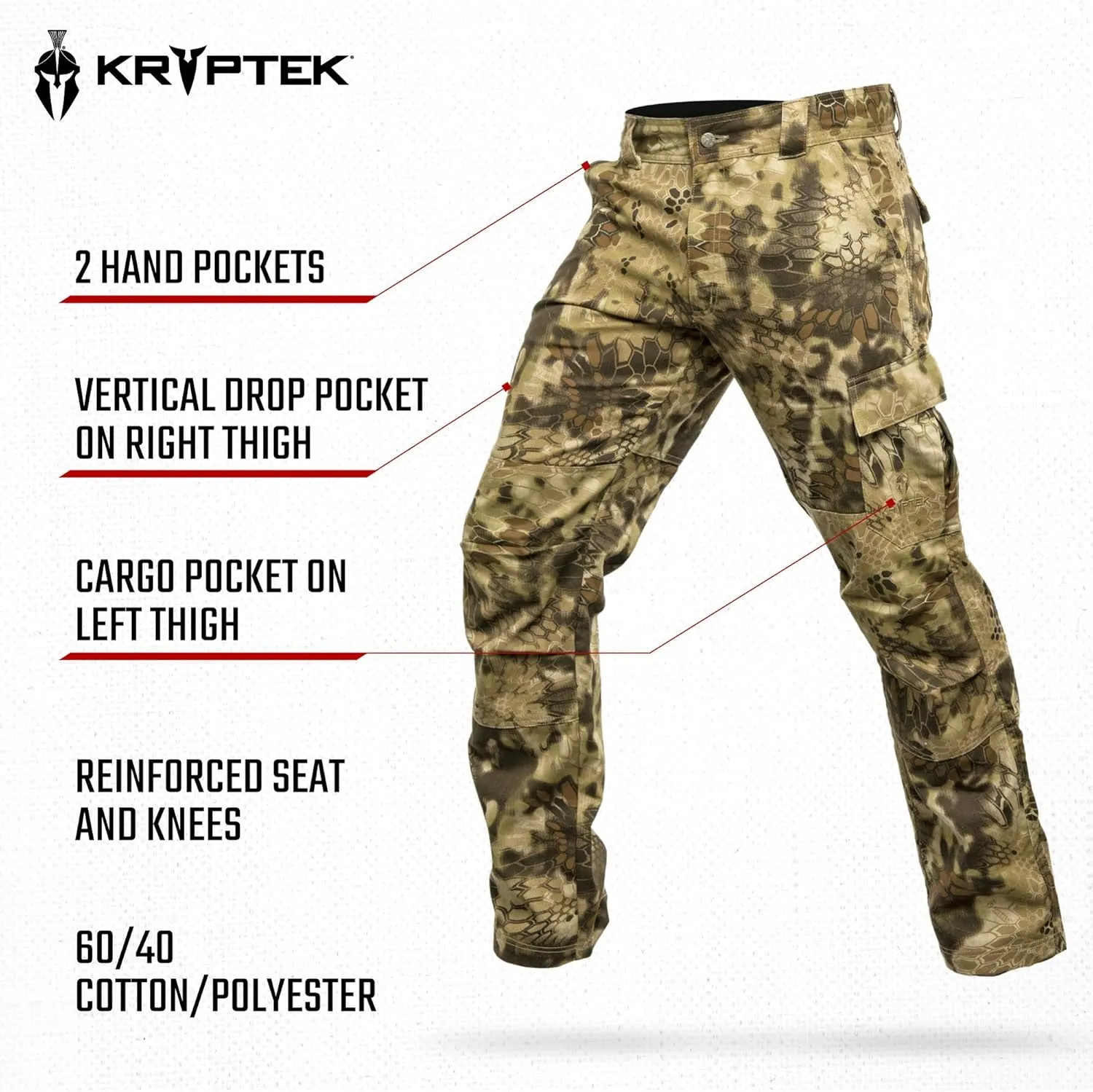 Kryptek Mens Stalker Pant, Stealthy Camo Hunting Pant with Reinforced Knees, and Seat