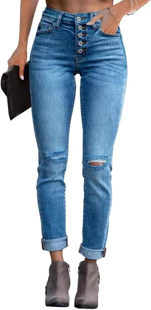 KUNMI Women's Ripped Skinny Jeans Distressed Stretchy Denim Pants