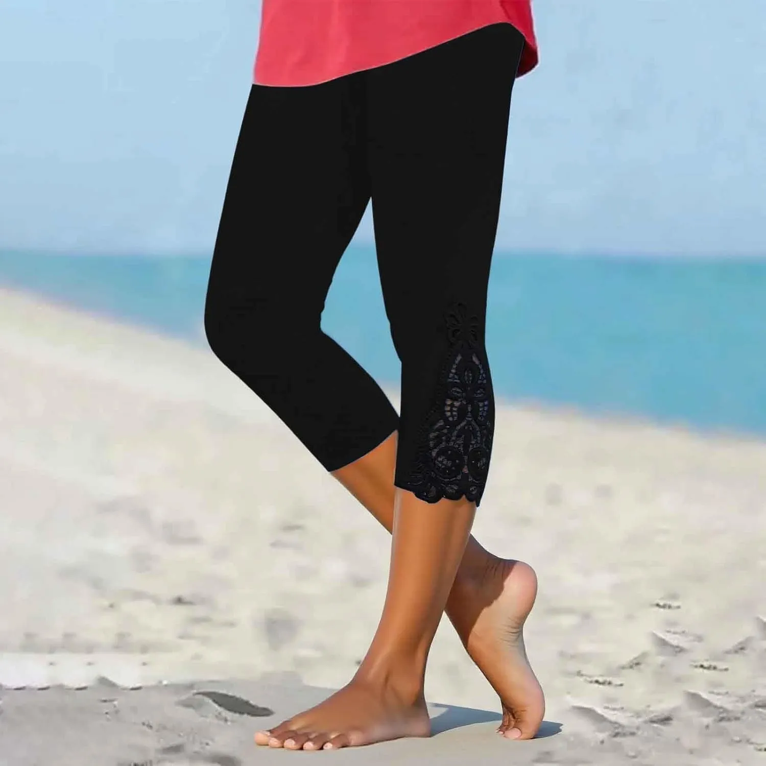 Lace Leggings for Women 2024 Trendy Plus Size High Waist Capri Cropped Leggings Slim Fitting Stretch Tights Summer Yoga Pants