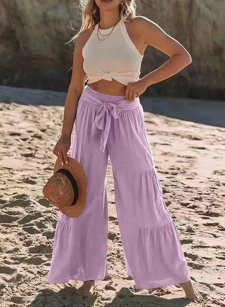 Lafural Women Summer High Waisted Cotton Linen Flare Palazzo Pants Beach Pant Long Bell Bottom Lounge Trousers