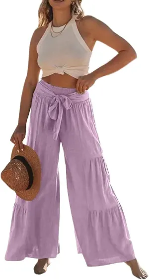 Lafural Women Summer High Waisted Cotton Linen Flare Palazzo Pants Beach Pant Long Bell Bottom Lounge Trousers