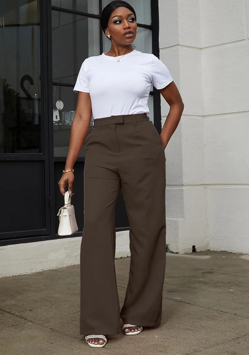 LAJIOJIO High Waist Dress Pants Women Casual,Wide Leg Business Pant Long Trousers with Pockets