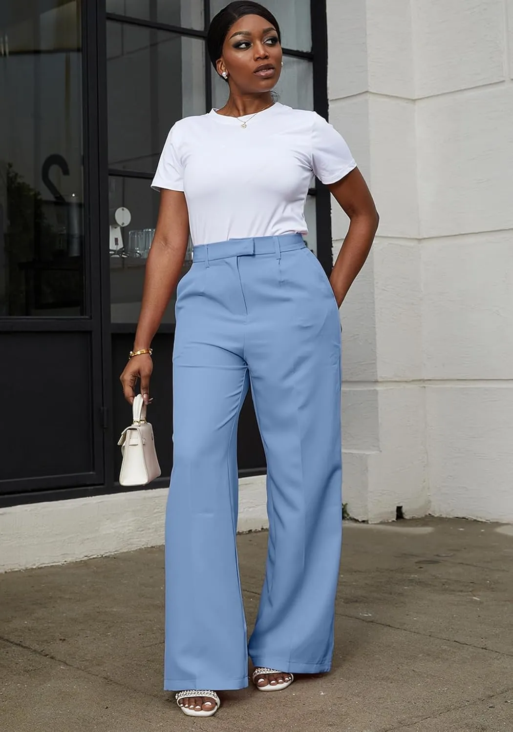 LAJIOJIO High Waist Dress Pants Women Casual,Wide Leg Business Pant Long Trousers with Pockets
