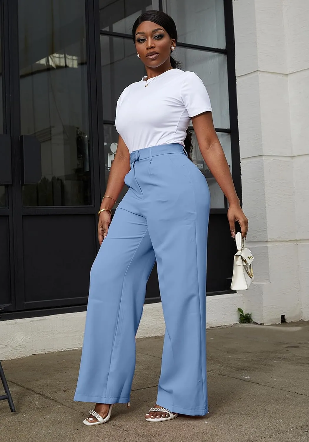 LAJIOJIO High Waist Dress Pants Women Casual,Wide Leg Business Pant Long Trousers with Pockets