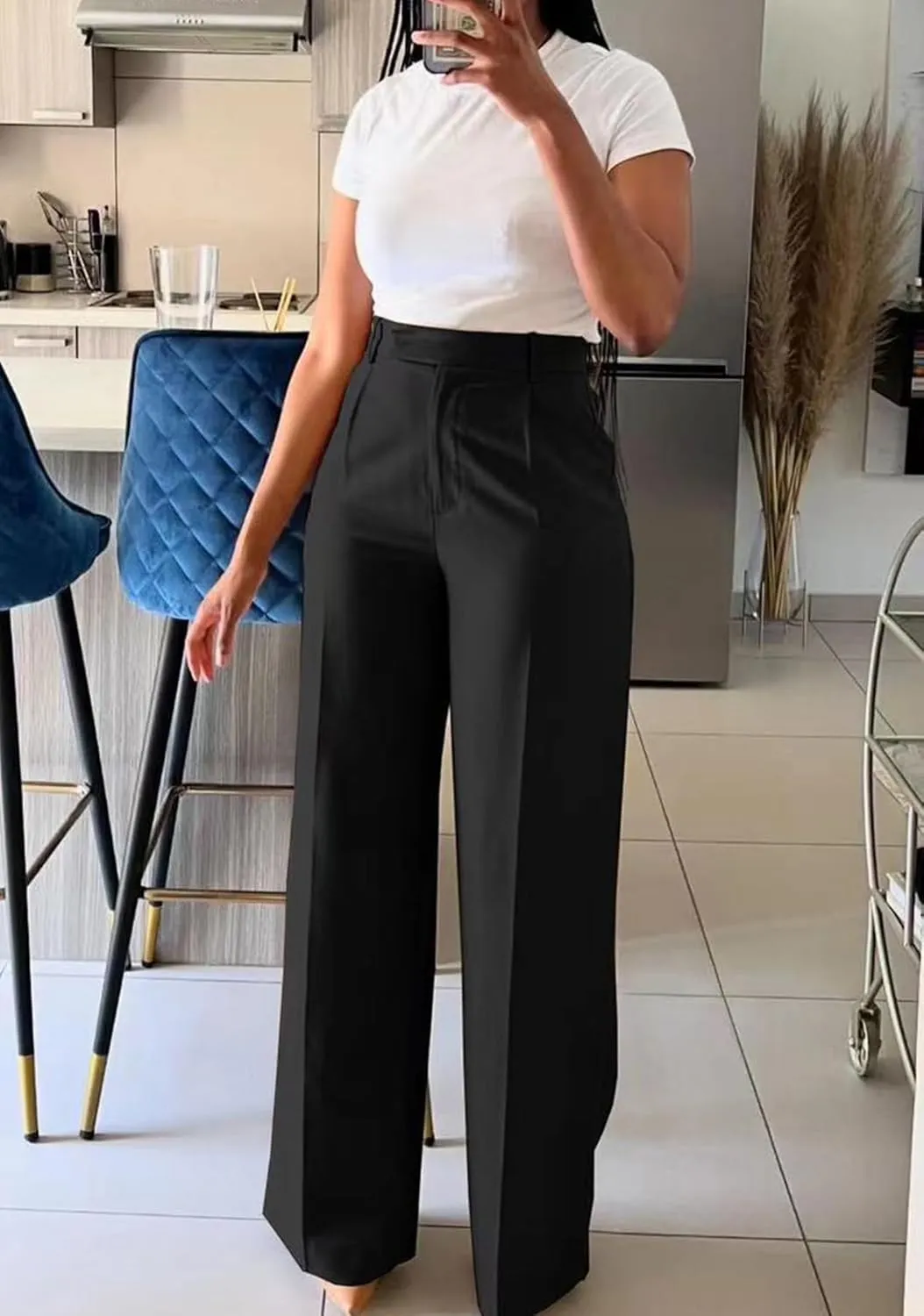 LAJIOJIO High Waist Dress Pants Women Casual,Wide Leg Business Pant Long Trousers with Pockets