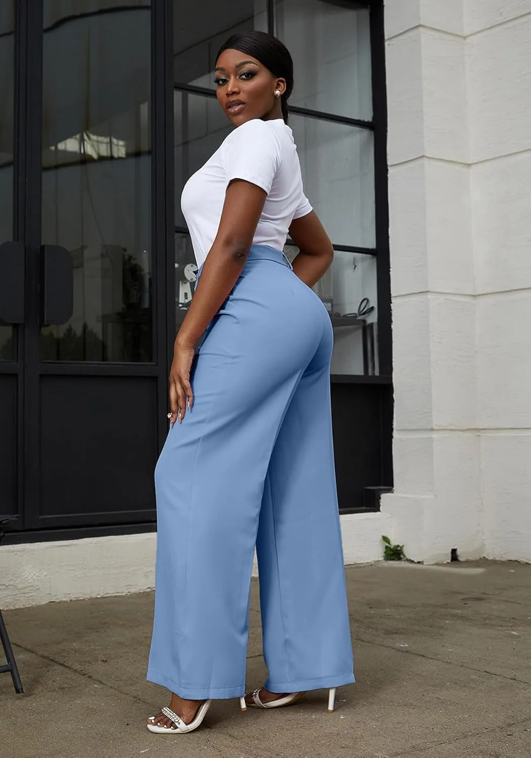 LAJIOJIO High Waist Dress Pants Women Casual,Wide Leg Business Pant Long Trousers with Pockets