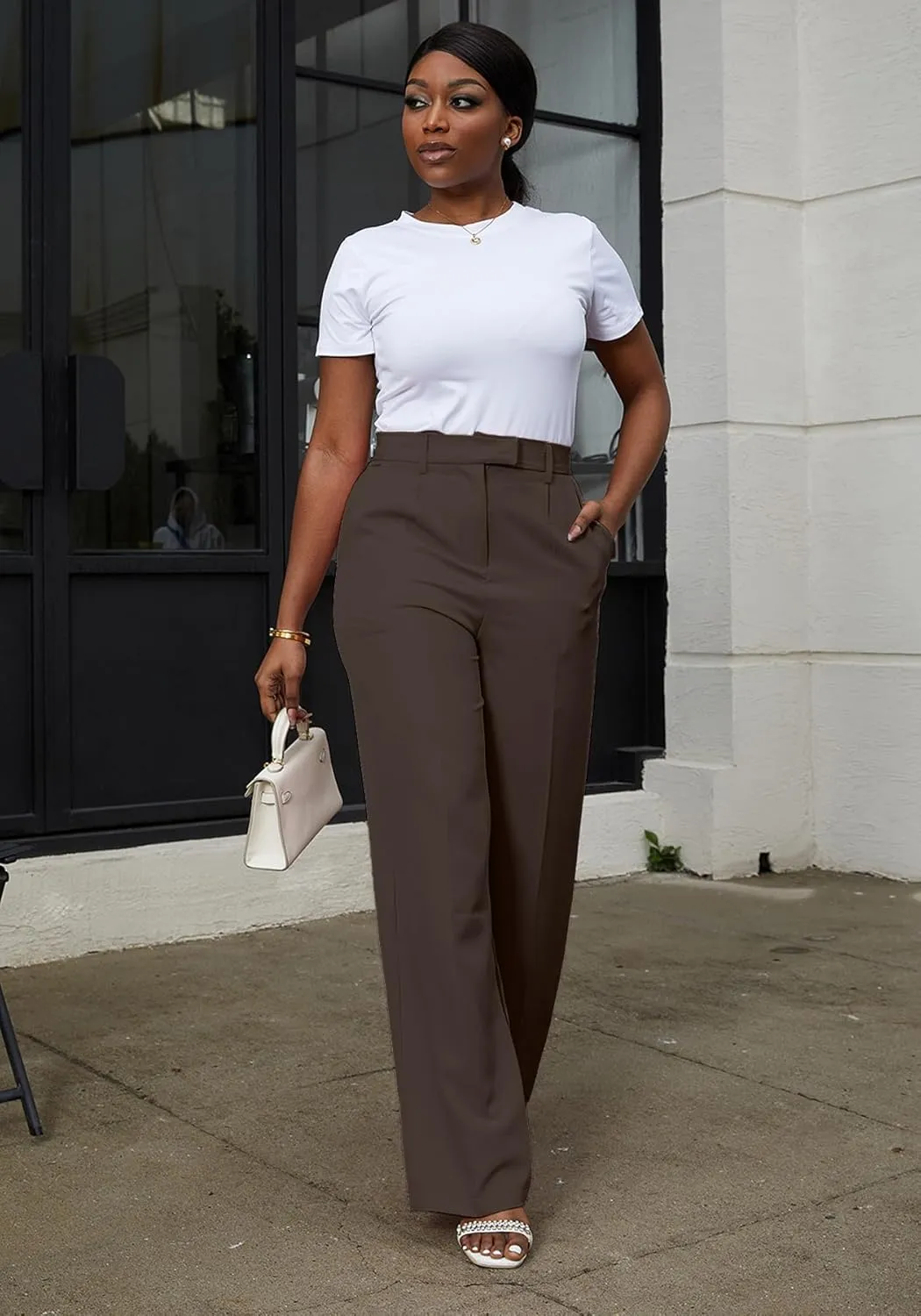 LAJIOJIO High Waist Dress Pants Women Casual,Wide Leg Business Pant Long Trousers with Pockets