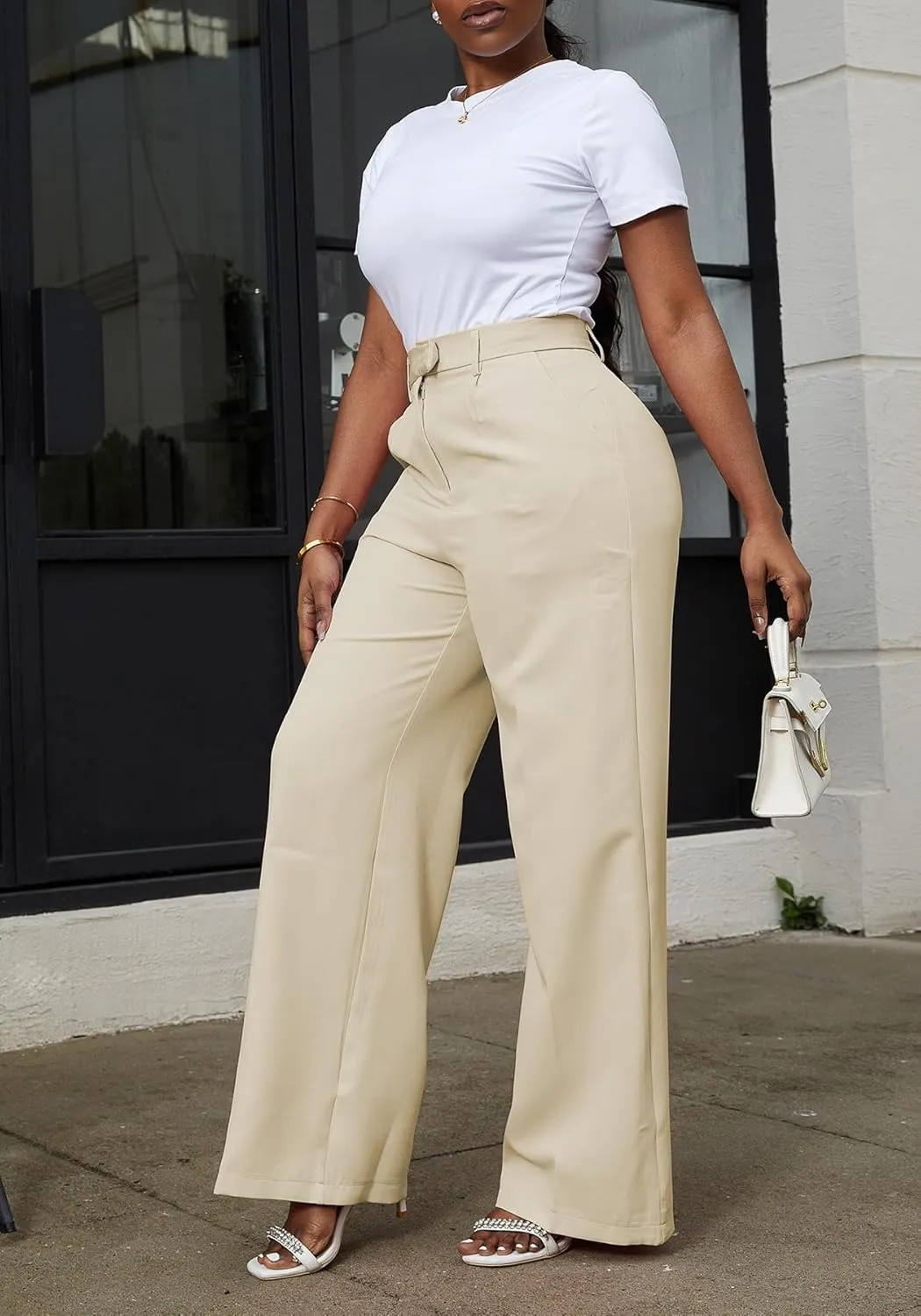 LAJIOJIO High Waist Dress Pants Women Casual,Wide Leg Business Pant Long Trousers with Pockets