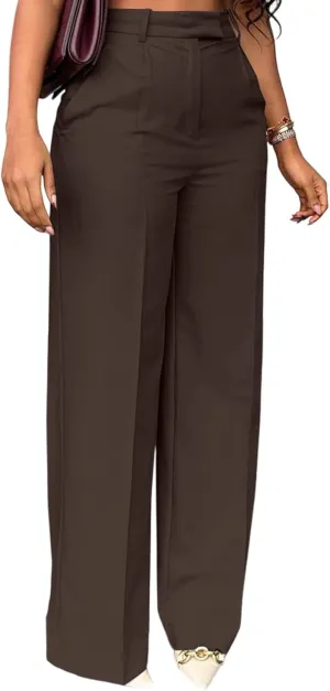 LAJIOJIO High Waist Dress Pants Women Casual,Wide Leg Business Pant Long Trousers with Pockets