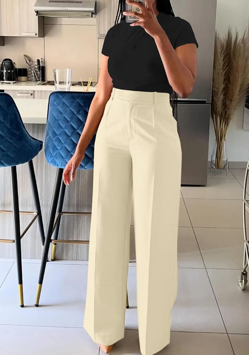 LAJIOJIO High Waist Dress Pants Women Casual,Wide Leg Business Pant Long Trousers with Pockets
