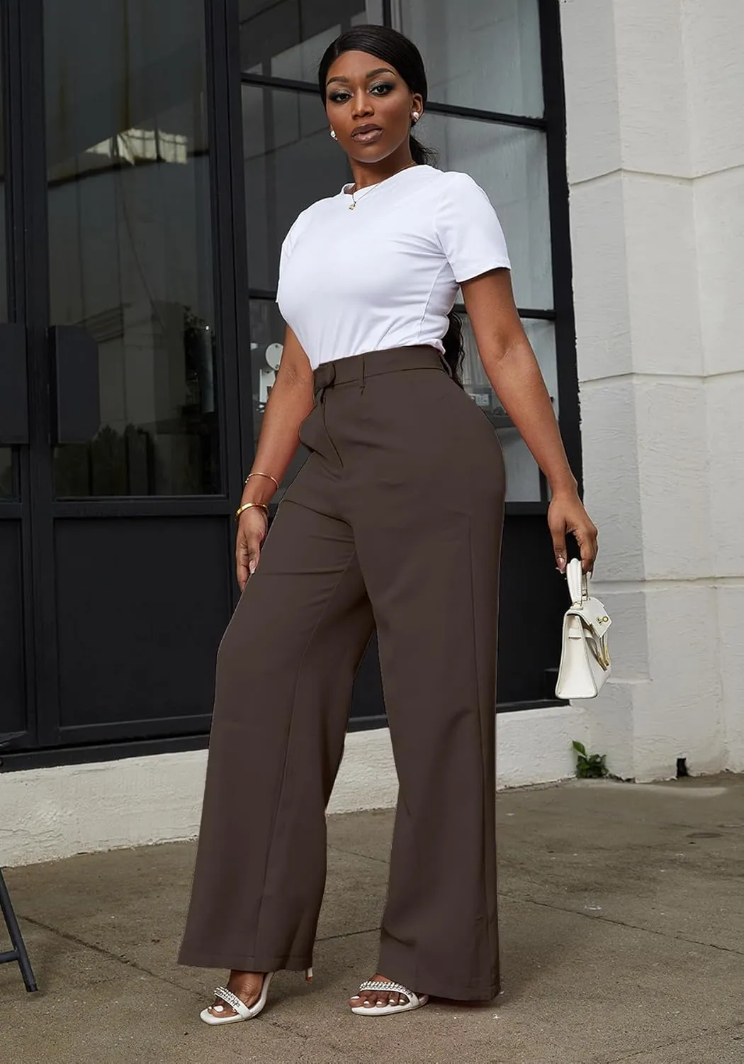 LAJIOJIO High Waist Dress Pants Women Casual,Wide Leg Business Pant Long Trousers with Pockets