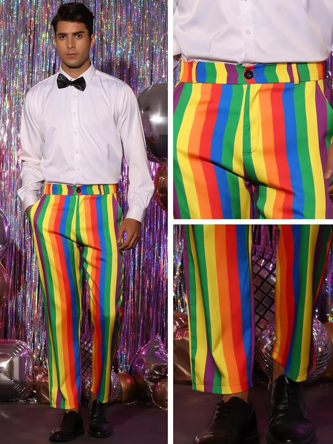 Lars Amadeus Rainbow Pants for Men's Regular Fit Flat Front Color Block Stripe Dress Trousers
