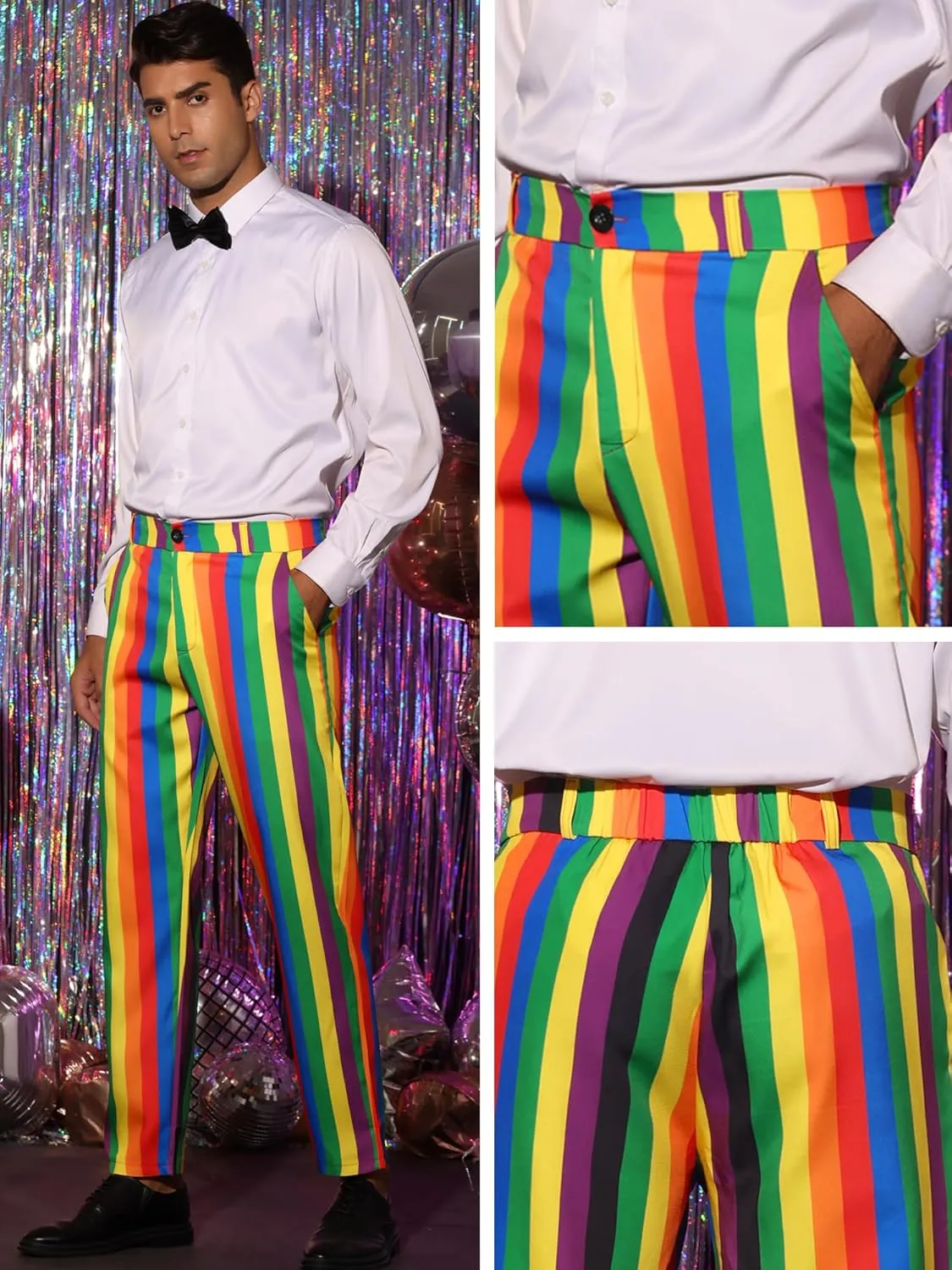 Lars Amadeus Rainbow Pants for Men's Regular Fit Flat Front Color Block Stripe Dress Trousers