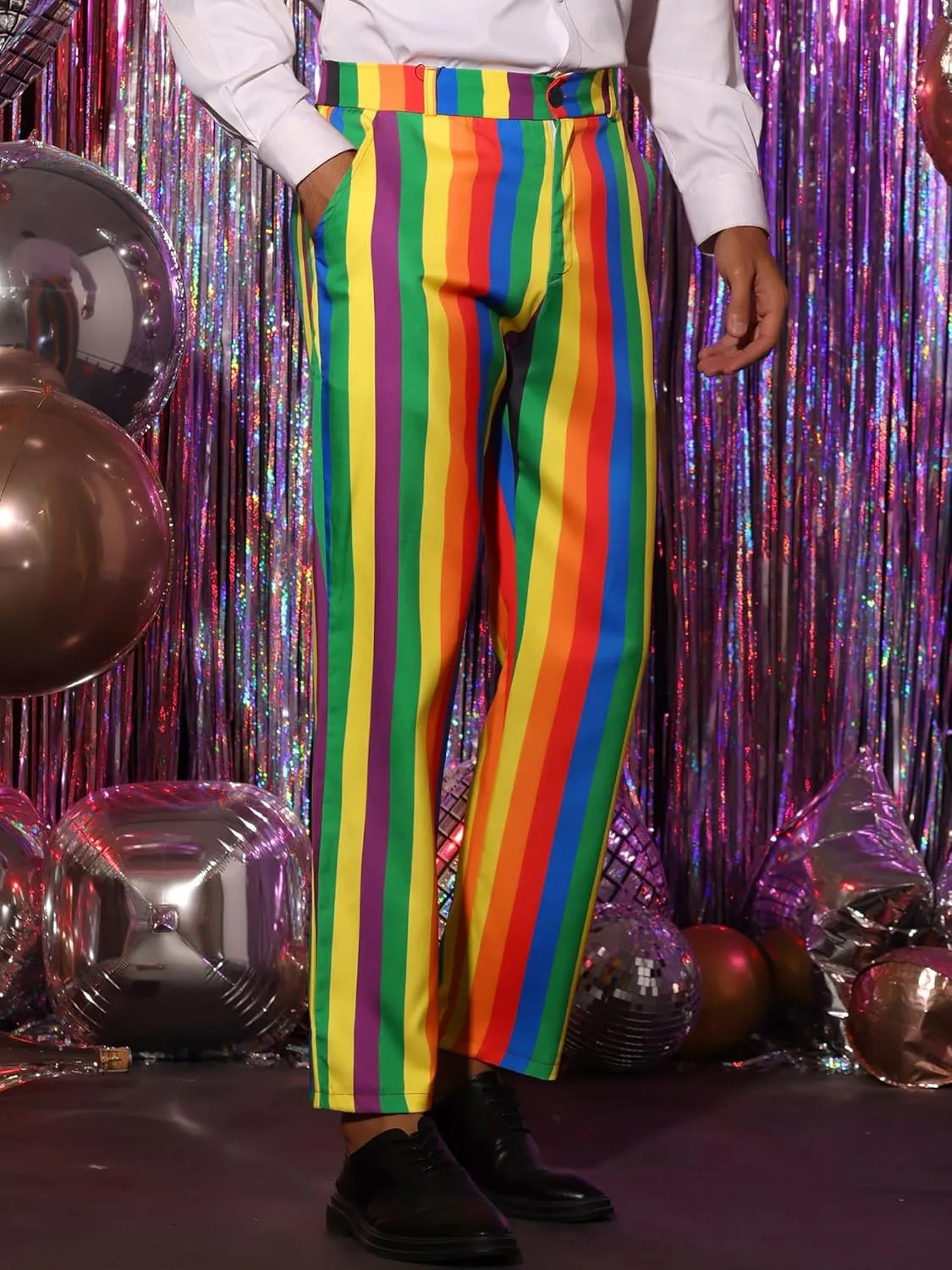 Lars Amadeus Rainbow Pants for Men's Regular Fit Flat Front Color Block Stripe Dress Trousers
