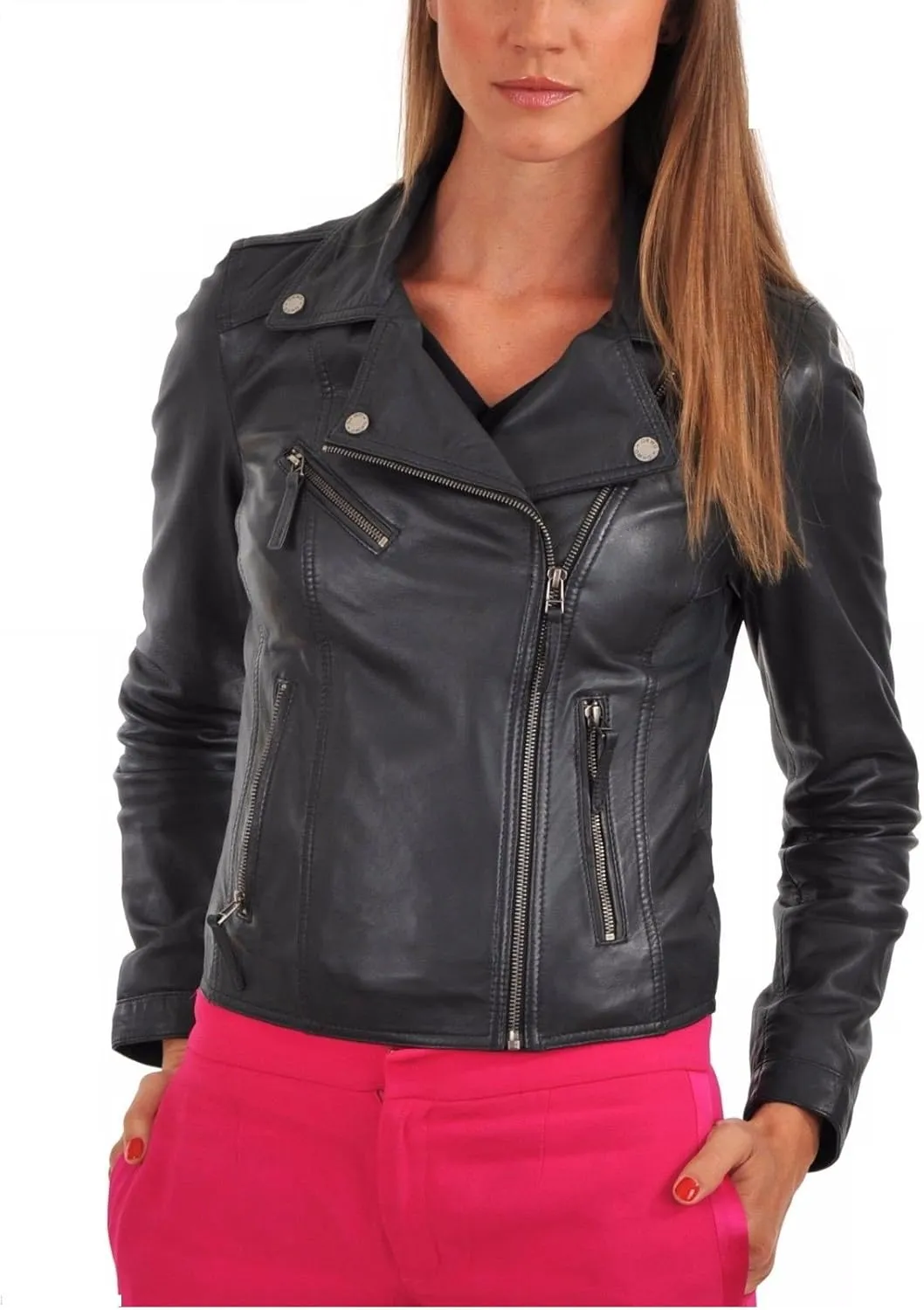LEATHER FARM Women's Lambskin Leather Bomber Biker Jacket